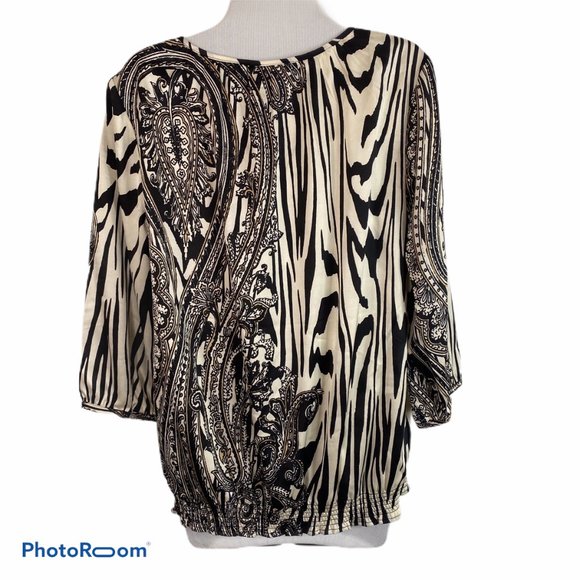 Chicos Banded Blouse top Womens Size 8 Mixed Media Print Zebra Paisley - Picture 3 of 8